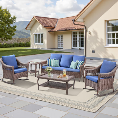 Ensemble de 6 meubles d'extérieur, canapé 3 places en rotin toutes saisons, 2 chaises berçantes de patio avec coussins amovibles, 2 tables d'appoint élégantes et une table basse en verre trempé, ensemble de conversation pour patio, porche, cour arrière