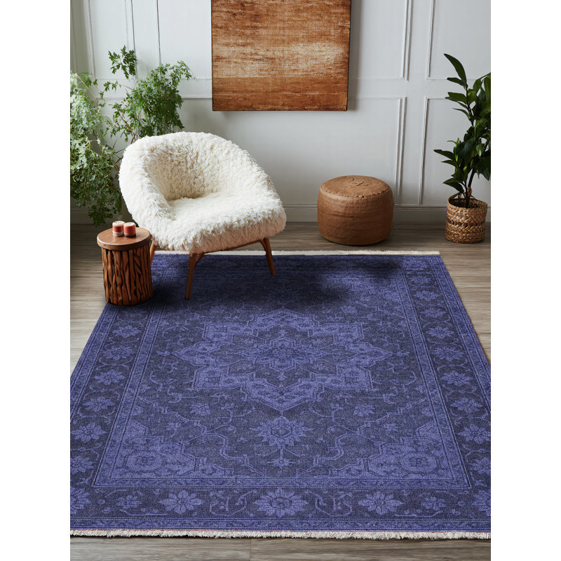 Nouvelle Collection Digital Print Cotton-Polyester Navy Blue Oriental Rug, Runner 5'3" x 13'2"