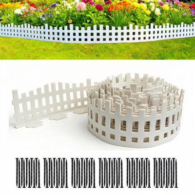 Garden Edging 33FT Roll, 4.7IN Tall White Picket Fence Landscape Border with 60 Stakes, Flexible Plastic Lawn Edging