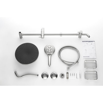 Configuration de douche en nickel brossé comprenant une pomme de douche à effet pluie naturelle de 10 po, une douche à 4 mains, une barre coulissante réglable et un porte-savon