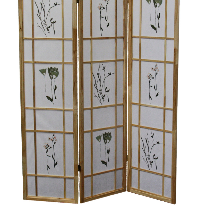 Cloison 3 traditionnelle de style asiatique de 70 po en pin massif naturel avec imprimé floral, paravent 50 po x 70 po H 3 pouces, finition, pin, style asiatique