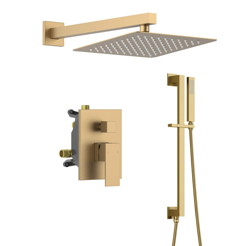 Cube 2-Function Pressure Balanced Complete Shower Faucet Set with Slide Bar, Brushed Brass