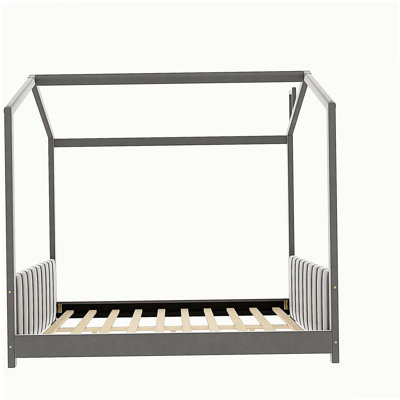 Lit double en bois de velours, gris