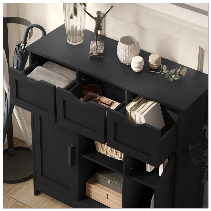 Spacious Wooden Floor Cabinet with Drawers and Shelves, Perfect for Home Organization and Accent Decor in Any Room, Black