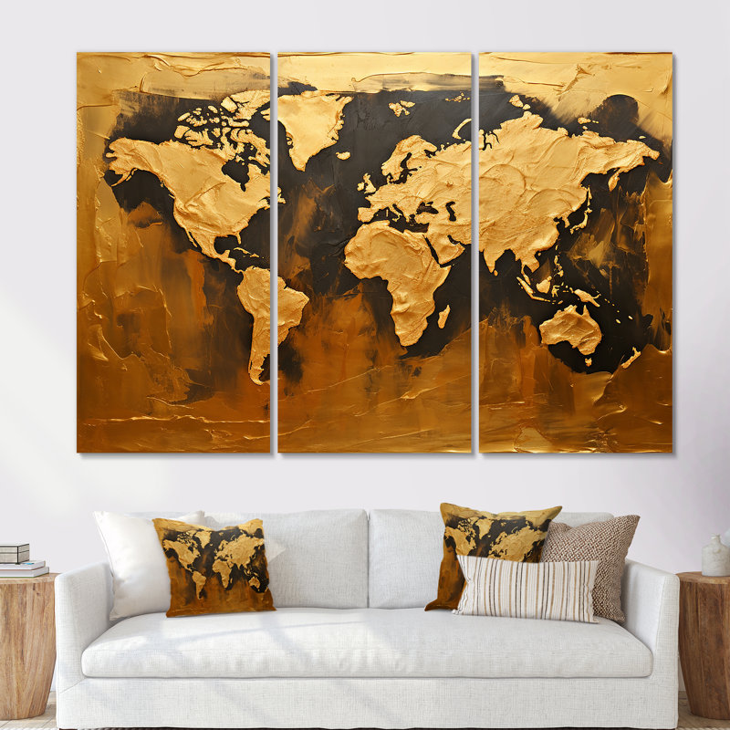 Carte du monde noire et dorée, ensemble d'art sur toile, Toile tendue, H 40 po x l 60 po x P 1 po