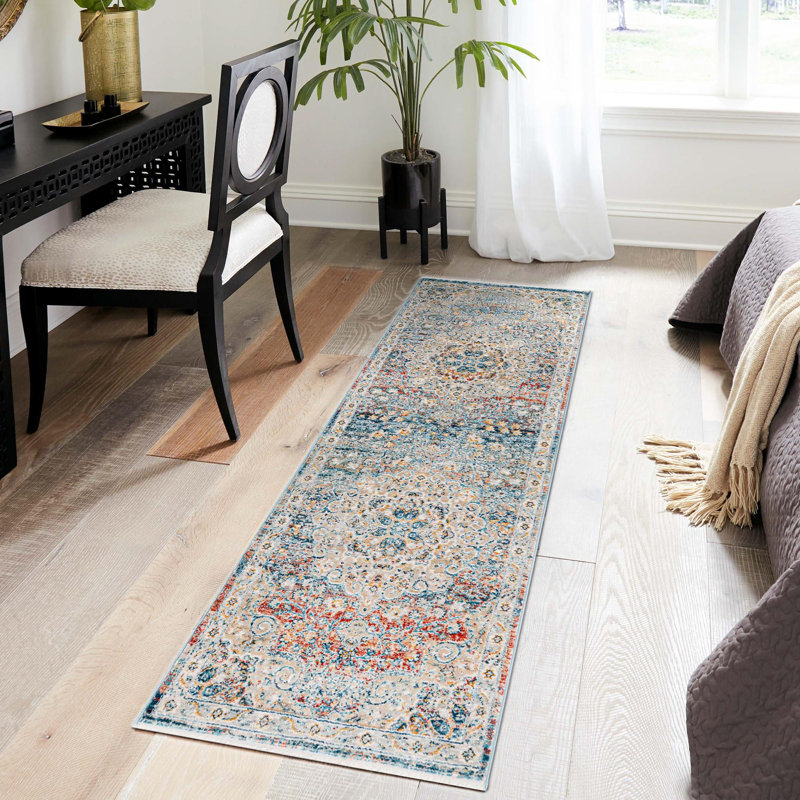 Tapis oriental bleu / crème / rouge Alize, Tapis de couloir 2 pi x 8 pi