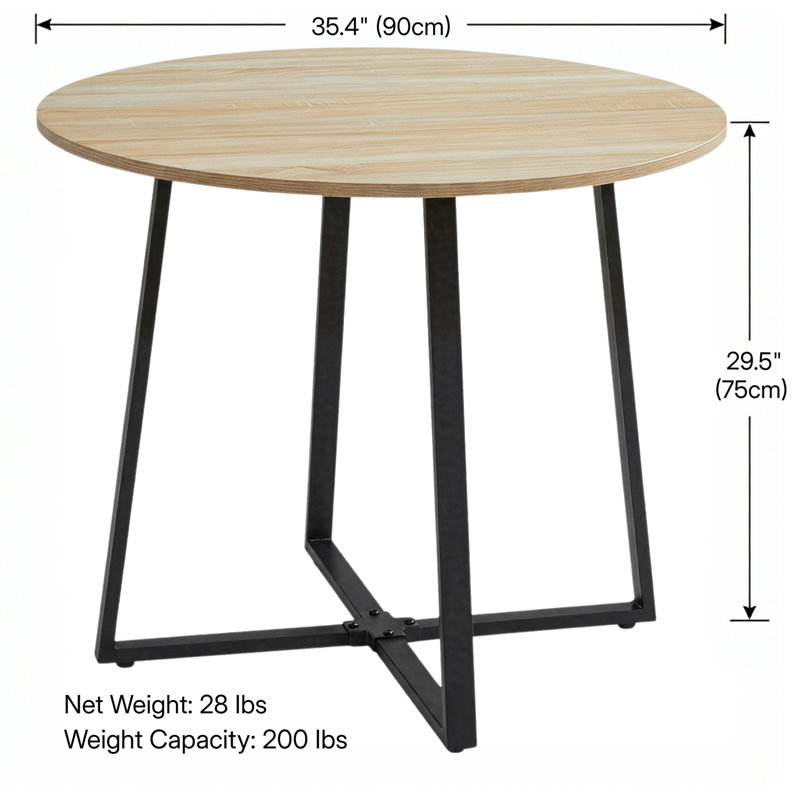 Otrange Round Metal Base Dining Table, Natural Wood