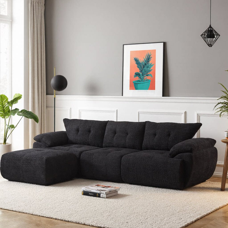 Grand canapé modulaire en chenille Lieber avec dossier en forme de corne et silhouette en nuage, Black