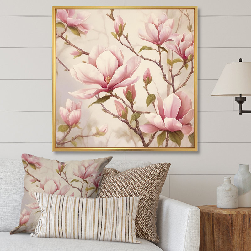 «Pink Green Magnolias Elegance Landscape», reproduction sur toile, H 24 po x l 24 po, Cadre flottant doré