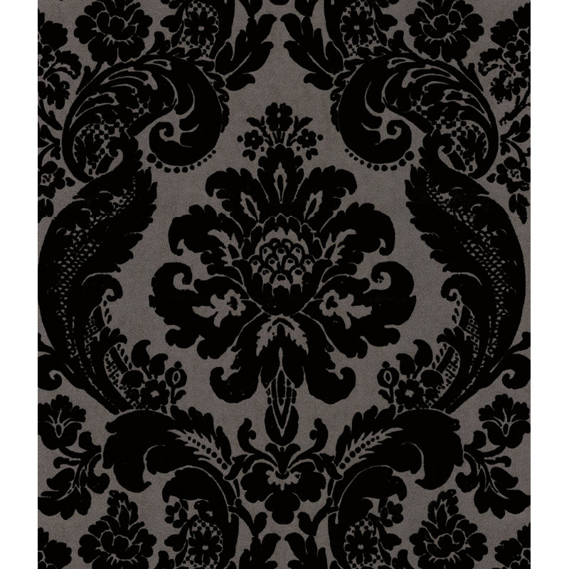 Shadow Black Flocked Damask Wallpaper, Black