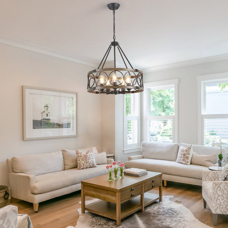 5 - Light 20 inch Dimmable Drum Chandelier Industrial Round Light Fixture for Entryway Foyer Kitchen Island Bedroom Living Room