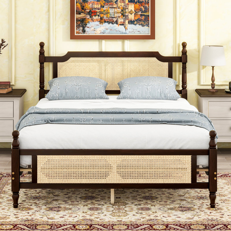 Queen Pine Wooden Bed With Rattan Headboard  And Footboard, With  Central Enhanced Bed Platform ,Espresso, Espresso