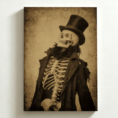 Tableau d'Halloween sur toile 40 x 60 cm. Squelette en haut-de-forme et manteau déchiré, posant sur un fond texturé. Impression sur toile sépia vintage. Décoration murale moderne pour chambre, salon et bureau.