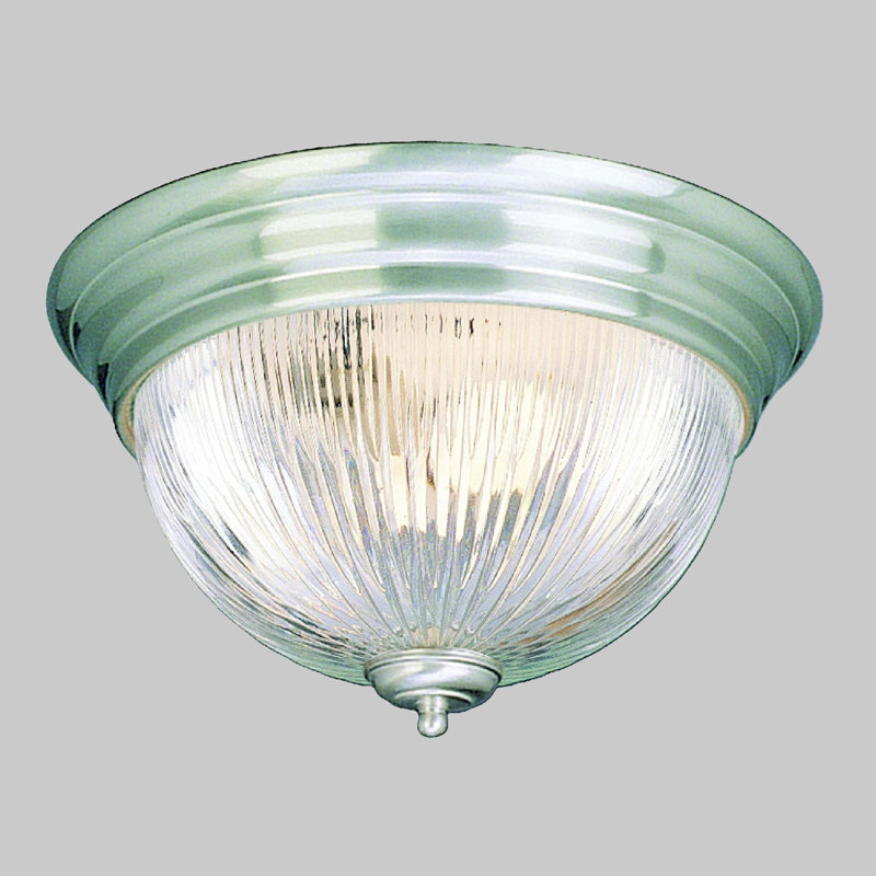 Plafonnier encastré rond en nickel brossé à 2 lumières de 13 po de largeur avec verre côtelé transparent, Nickel brossé