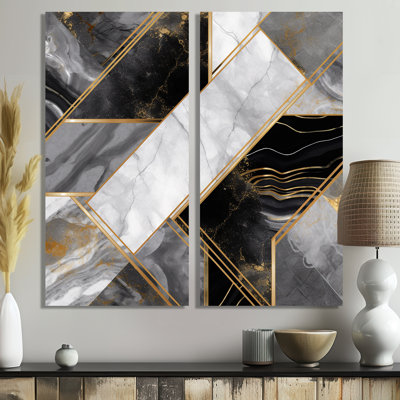 Marbre granit agate avec des touches d'or IV - Abstrait géométrique grand art mural 2 panneaux