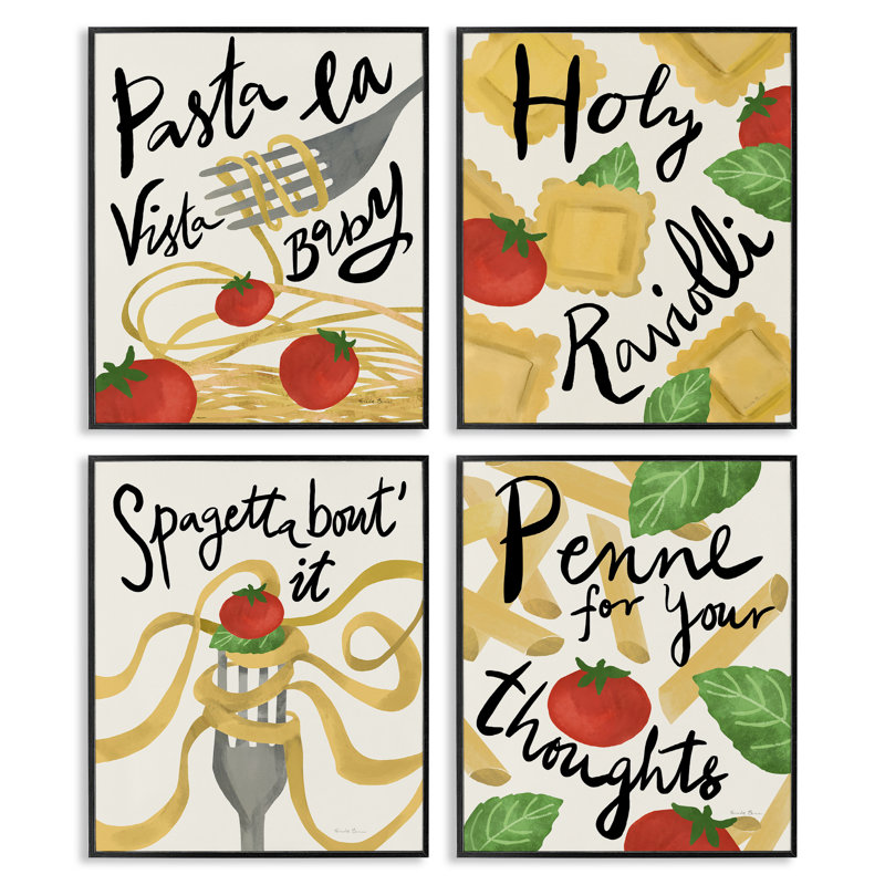  «Funny Pasta Puns», ensemble de 4 giclées par Farida Zaman, H 20 po x l 16 po, Giclée encadrée noir minuit