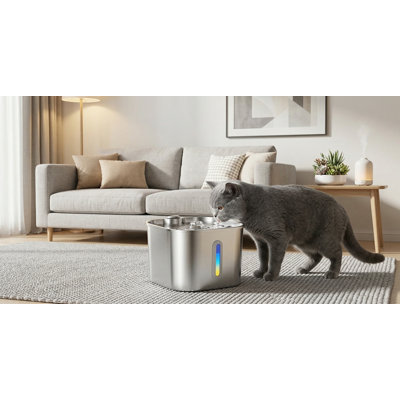 Fontaine à chat en acier inoxydable, 74 oz / 2,2 L avec pompe silencieuse, distributeur automatique d'eau pour animaux de compagnie, eau fraîche et propre pour plusieurs animaux de compagnie