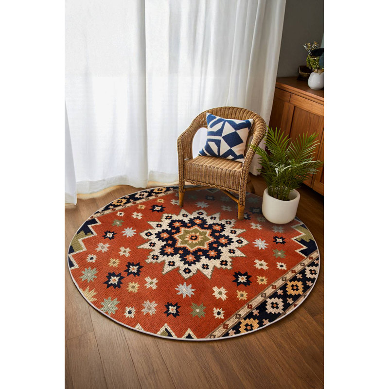 Quarza Collection Digital Print Cotton-Polyester Brown Moroccan Rug, Round 2'8"