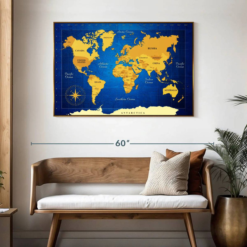 Carte du monde jaune, 46 po x 31 po, Cadre flottant doré