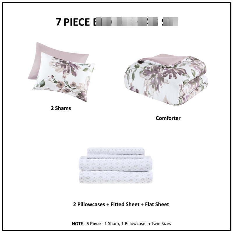 Très grand édredon et drap à motif de draps mauves et mauves à motif taupe, Édredon de très grande taille et 5 pièces suppl