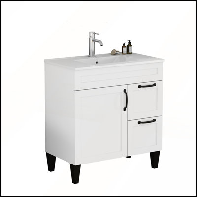 Meuble-lavabo moderne de 31,5 po avec lavabo en céramique, charnières à fermeture douce et rangement spacieux pour un assemblage facile et une conception élégante