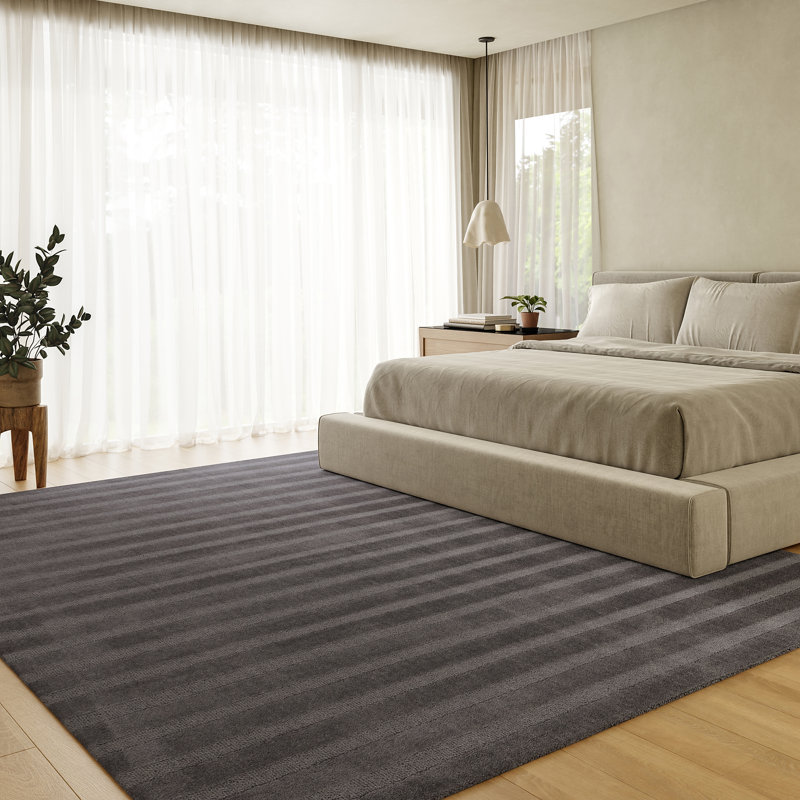 Gray Handmade Wool Rectangular Striped Area Rug, 5' x 8'