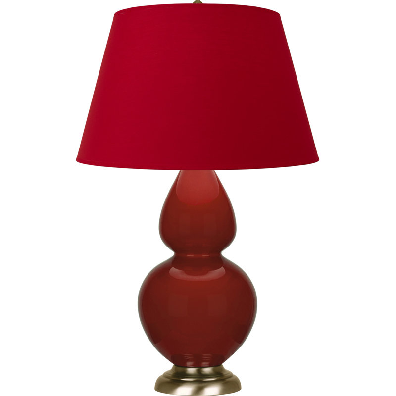 Lampe de table double gourde en céramique, Sang de bœuf glacé / argent antique, Rose rouge / noir encre, Laiton