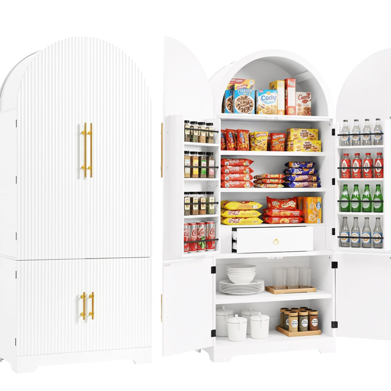 Garde-manger cannelé de 72 po de hauteur avec 8 tablettes, 3 compartiments réglables et un tiroir caché pour le rangement.