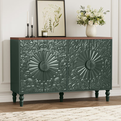 46.5" Wide 4-Door Sideboard Buffet Cabinet with Retro Floral Embossed Design and Wooden Top, Green