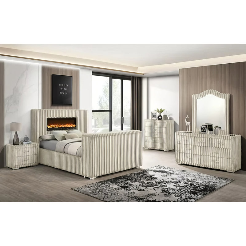 Très grand lit henné crème 5 pièces, Crème, Très grand