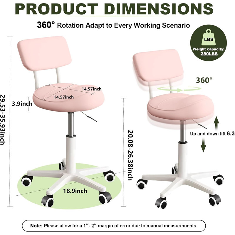 Tabouret ergonomique selle avec dossier, chaise pivotante à roulettes réglable en hauteur, rose, Rose