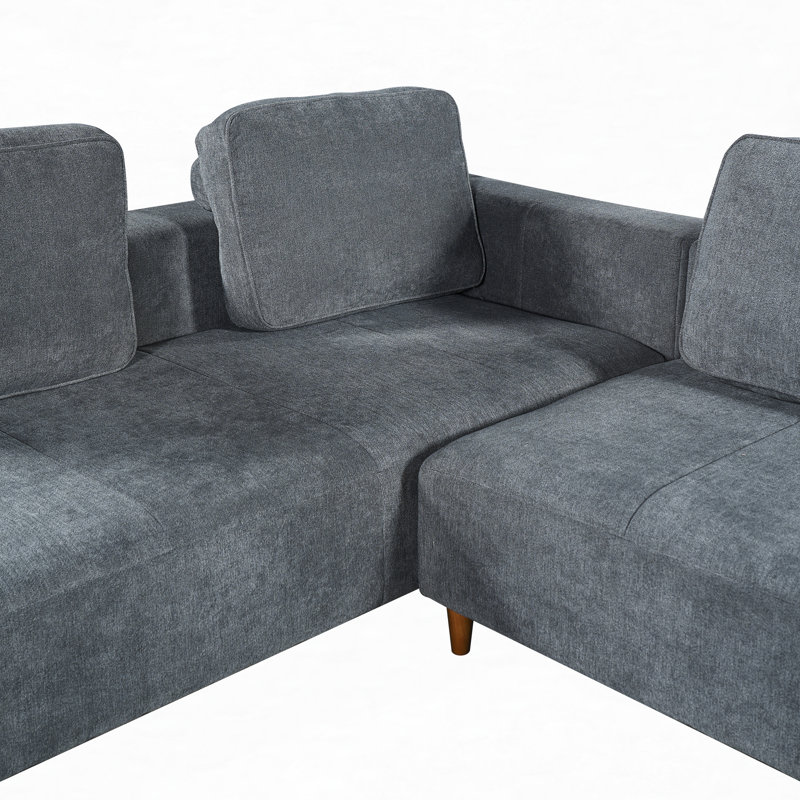 L-Shaped Sectional Sofa with Solid Wood Legs and Movable Cushions