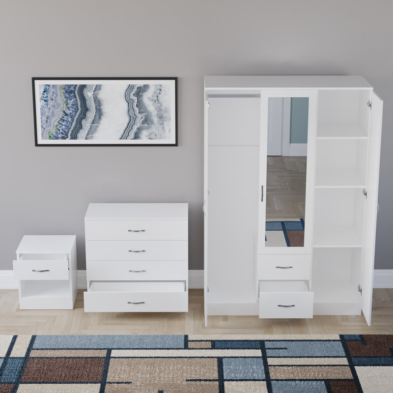 Maybery 3 Piece Bedroom Set (1 Drawer Bedside Chest, 4 Drawer Chest, 3 Door 2 Drawer Mirrored Wardrobe), (5), White