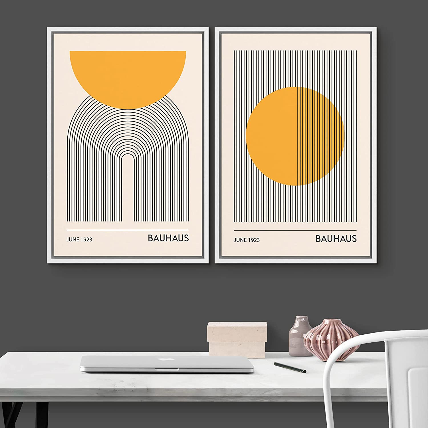 Mid Century Modern Boho Bauhaus Solar Sun Abstract Art Decor Framed On Canvas 2 Pieces Print, 24" H x 32" W