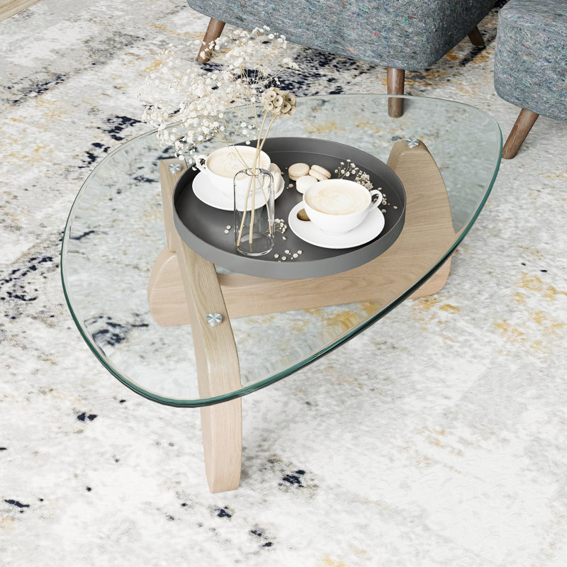 Modern Triangular Coffee Table With Wood Base For Living Room, Natural Wood, 15.74" H x 43.3" L x 29.52" W, Clear