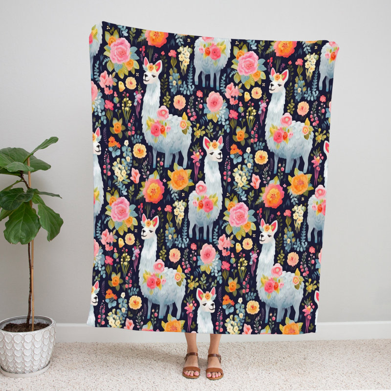 Throw Blanket, 68" W x 80" L, Animal Print/Floral, White/Pink/Orange/Black