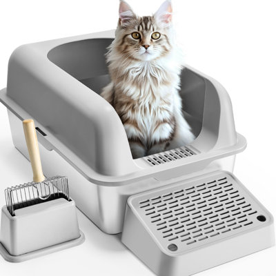 6-Inch Deep Cat Litter Box, Filtering Foot Board, Odor-, Gray Plastic, Fits All Sizes Of Cats, Avoids Spillage