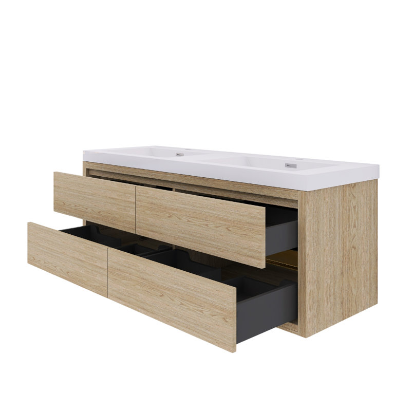 Meuble-lavabo double mural avec comptoir en résine de pierre et tiroirs à fermeture en douceur, Chêne naturel, 60"