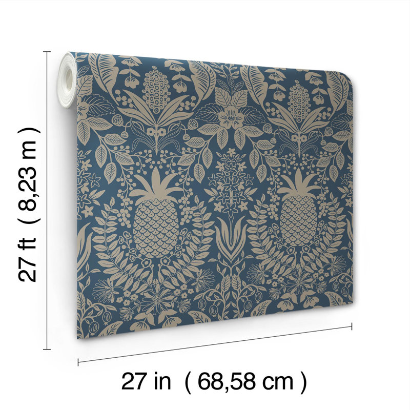 Papier peint ananas damassé, Bleu marine
