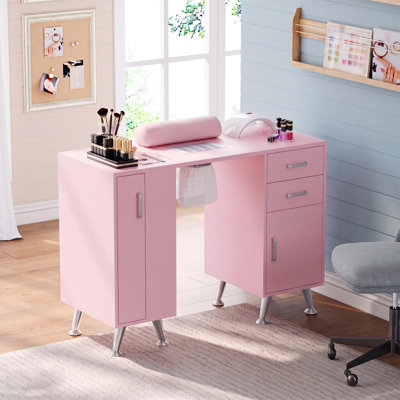 Table de manucure avec aspirateur intégré, bureau pour prothésiste ongulaire avec 2 tiroirs, armoire, 4 tablettes et repose-poignets amovible, poste de travail esthétique multifonctionnel
