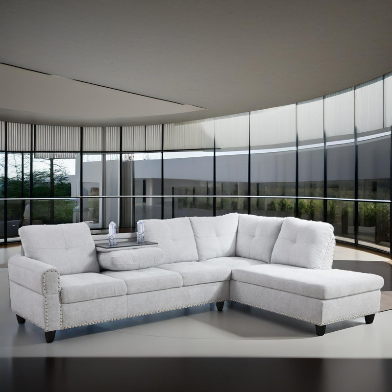 Ensemble de salon modulaire en flanelle gris 2 pièces Haven, Orienté à droite, Microfibre / microsuède blanc