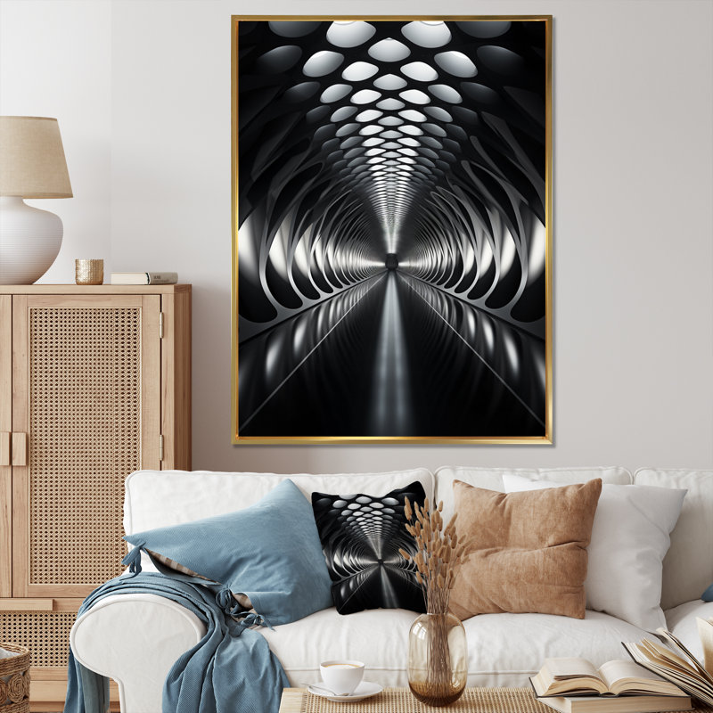 «Grey Tunnel Futuristic Elegance Sleek II», reproduction sur toile, H 32 po x l 24 po, Cadre flottant doré