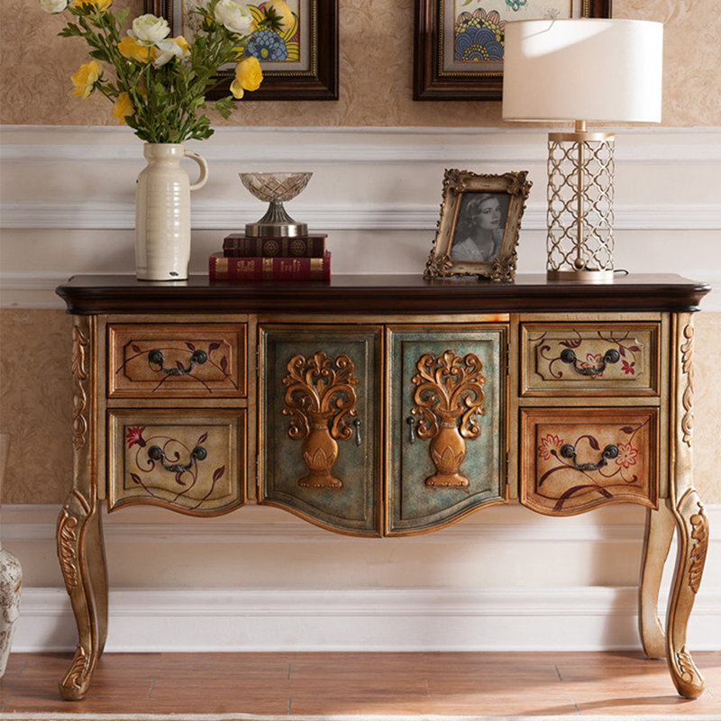 American-style multi-functional entrance cabinet, H 35,03 po x l 55,11 po x P 17,51 po, Brown/Gold/Champagne