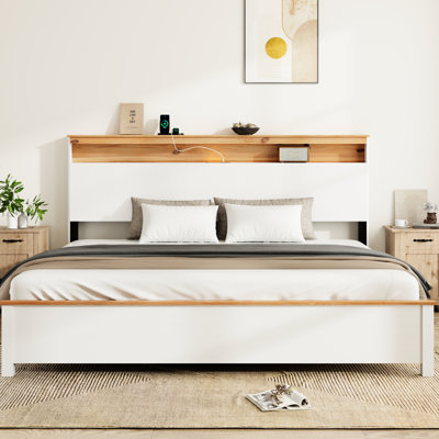 Cadre de lit très grand American Traditional avec finition blanc antique, tête de lit avec rangement, station de charge facile à utiliser et lumières à DEL pour chambre à coucher, ports intégrés et de type C, éclairage, support stable