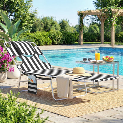 Chaise Lounge Chair Outdoor with Face Arm Hole, 5-Position Reclining Face Down Tanning Chair with Carry Strap, Side Pocket, Portable Folding Bed Cot for Patio Beach Pool, Blue Stripe