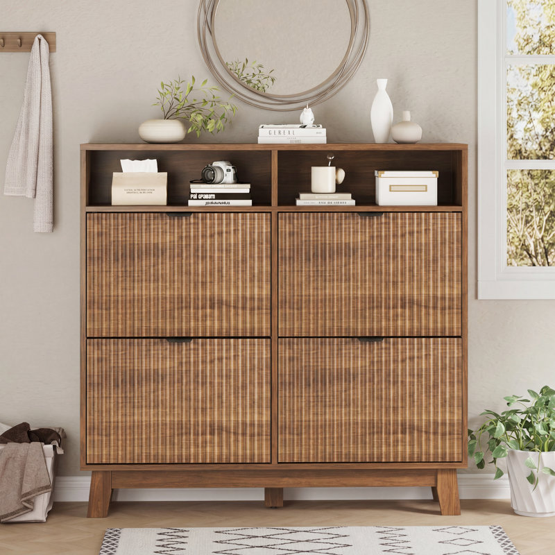 Fluted Shoe Cabinet with 4 Flip Drawers and Open Shelf, 45" Tall Narrow Shoe Storage Organizer for Entryway, Freestanding Wooden Rack Holds 24-28 Pairs, Hallway, Living Room, Furniture