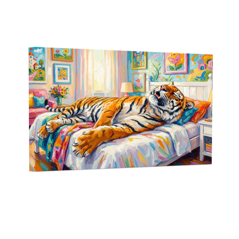 Animaux, tigre, reposant sur un lit coloré dans une pièce lumineuse, H 16 po x l 24 po, Toile tendue, Ne s’applique pas