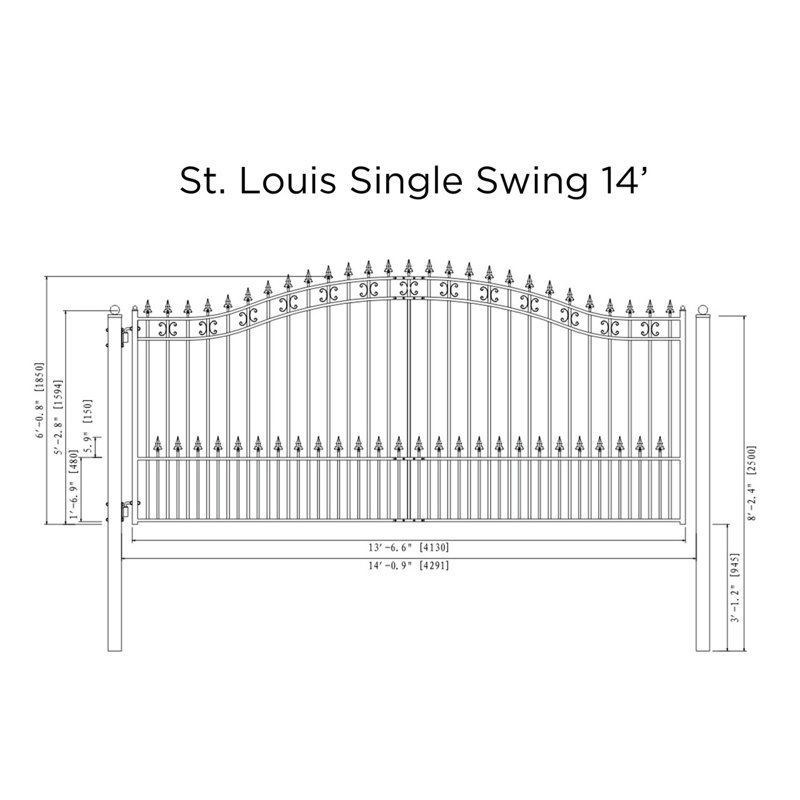 St. Louis Style Black Steel Arched Driveway Gate - 14 x 6 Feet