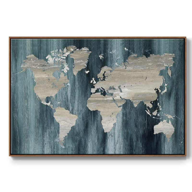 Carte du monde marine imprimée sur toile, Noyer, H 17 po x l 25 po x P 2 po