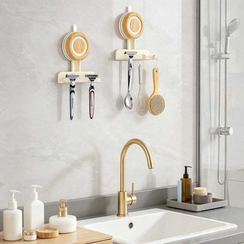 Paquet de 2 porte-rasoirs à ventouse pour douche - Support à rasoir sans grain de bois beige, support de rasoir mural amovible et réutilisable, support pour deux rasoirs, crochet de salle de bain pour serviette, luffa